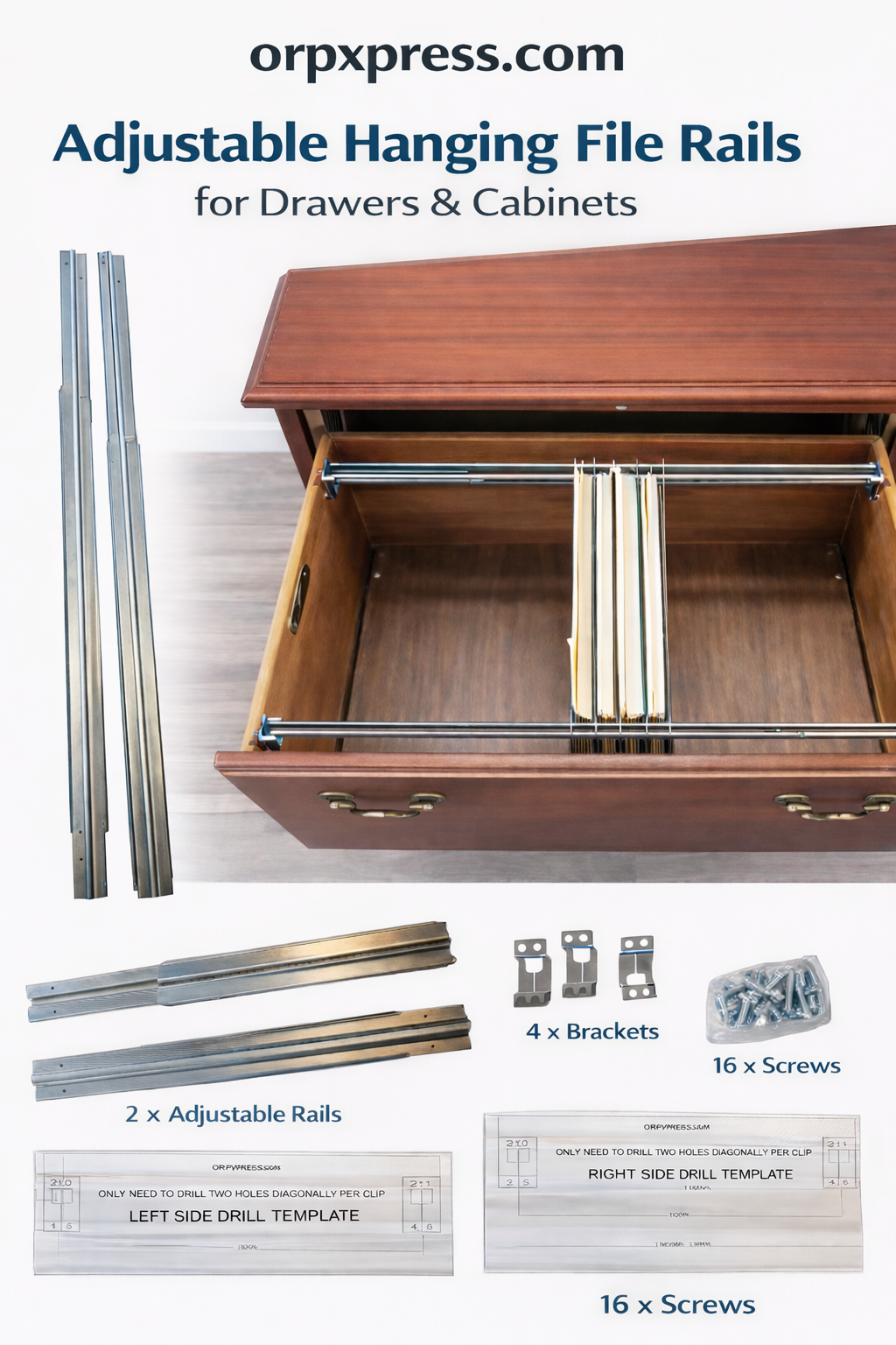 Adjustable Hanging File Rails for Wooden Lateral Cabinets | Universal Fit 25–40 Inch Drawers