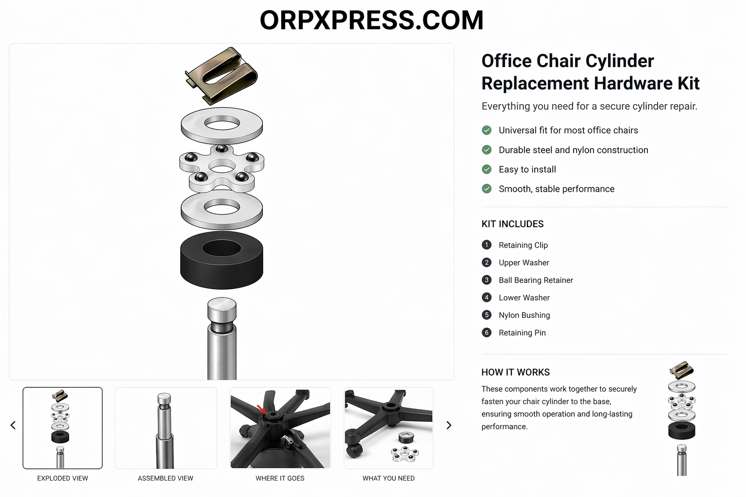 Universal Office Chair Gas Cylinder Bearing Kit Replacement | Fits Most Lift Cylinders